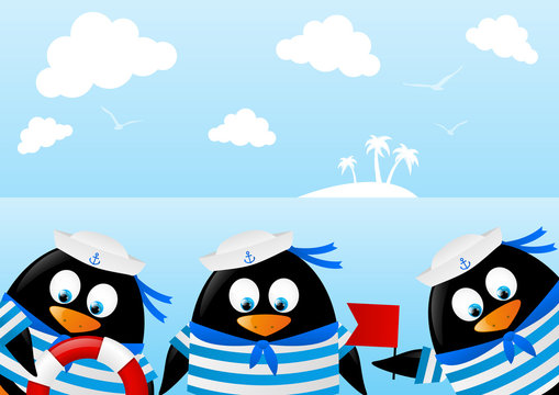 Cute penguin sailors on sea background
