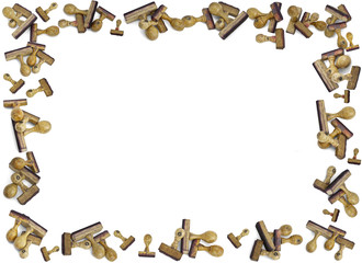 Card frame with lots of wooden stamps