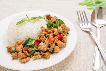 Basil fried rice with pork (Pad kra prao moo sap), Thai food