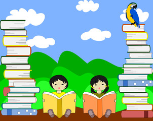 Asian children sit among piles of books and reading on the sky b