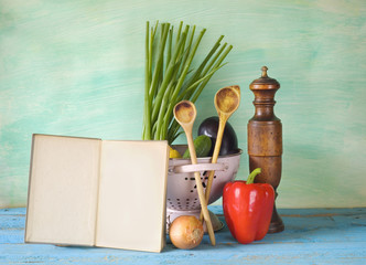cookbook, vegetables,old kitchen utensils, free copy space