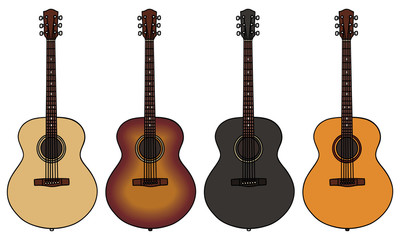 set of four acoustic guitars
