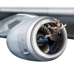 M&auml;dchen, Frau im Flugzeug -  Triebwerk