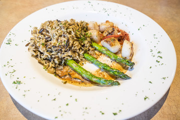 Pan Seared Scallops Served with Asparagus and Wild Rice