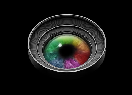 Black camera lens with multicolored eye