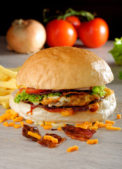Gourmet American bacon and cheese hamburger