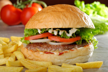 Big gourmet burger with chips