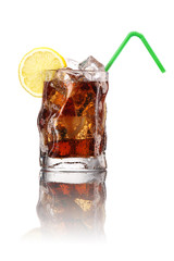 Glass of cola with ice and lemon
