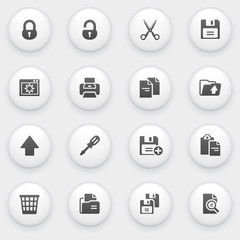 Document icons with white buttons on gray background.