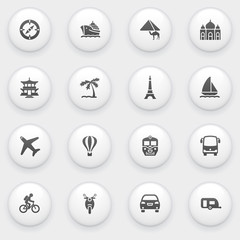 Travel icons with white buttons on gray background.