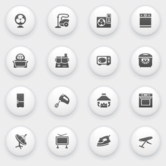 Home appliances icons with white buttons on gray background.