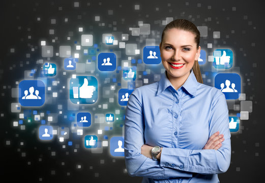 Success business woman with social icon in background