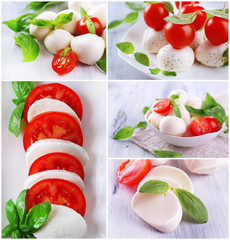 Collage of cheese mozzarella with tomatoes isolated on white