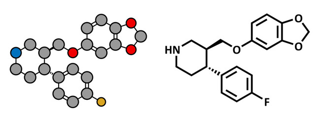 Paroxetine antidepressant drug (SSRI class), chemical structure.
