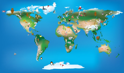 world map for childrens using cartoons of animals and famous lan