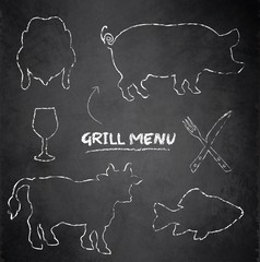 Grill menu pig cow fish chicken blackboard chalkboard vector