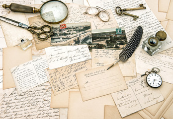 old handwritten french letters and postcards, vintage office acc