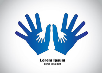 blue human hands protecting young childs hands abstract concept