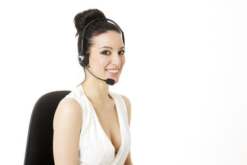 Woman customer service worker, call center smiling operator with