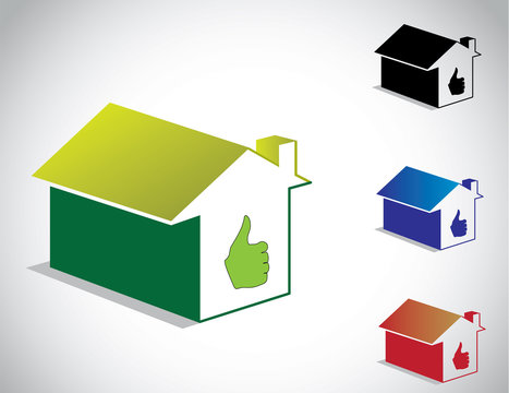 colorful perfect green home house icon & thumbs up symbol set