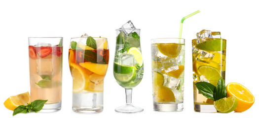 Collage of cold lemonade isolated on white
