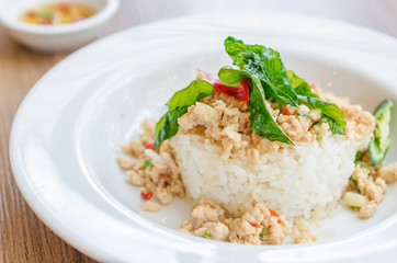 Spicy fried chicken with basil and rice