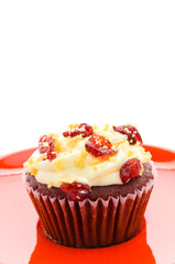 Red cupcake velvet isolated white background