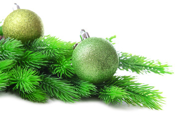 Christmas balls on fir tree, isolated on white