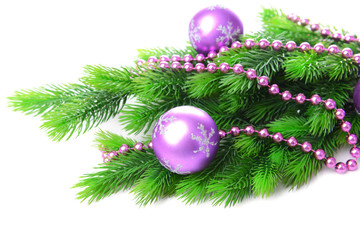 Christmas balls on fir tree, isolated on white