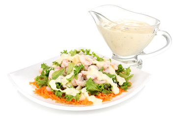 Delicious marinated shrimp in plate isolated on white