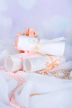 Beautiful handmade wedding cards on light background