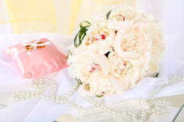 Beautiful wedding bouquet and decorative pillow for wedding