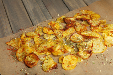 Homemade potato chips close up
