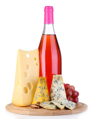 Pink wine and different kinds of cheese isolated on white
