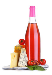 Pink wine and different kinds of cheese isolated on white