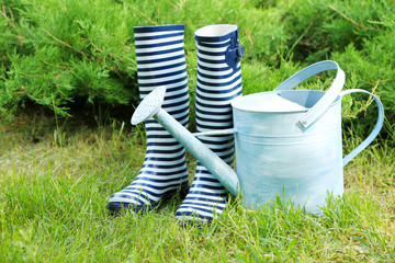 Rubber boots with watering can on grass - gardening concept