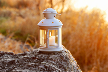 Beautiful lantern on wooden table in autumn forest