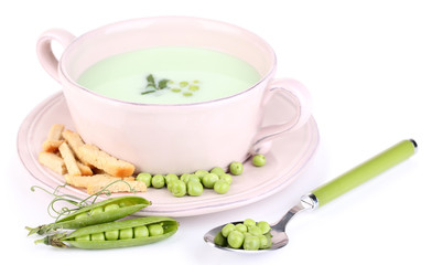 Tasty peas soup, isolated on white
