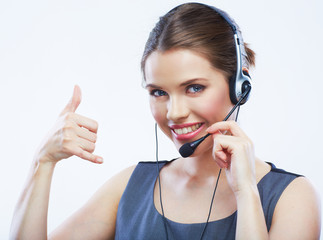 Close up face portrait o woman customer service worker isolated