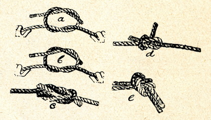 Knots - reef a, granny b, surgeons c, weavers d