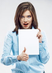 Naklejka premium Business woman show thumb up. holding white banee