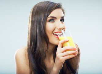 Young woman close up portrait drink juice