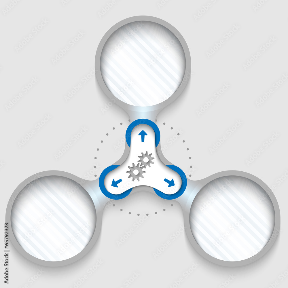 Poster three connected circular frames for text with arrows and cogwhee