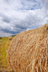 Hay bales on the field after harvest, Tuscany, Italy