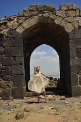 Fototapeta na wymiar Young lady in the Belvoir Fortress (Cochav HaYarden), Israel