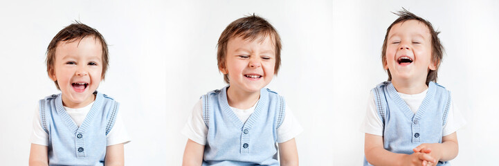 Boy, making funny faces on a white background