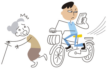ながらスマホでお年寄りにぶつかる男性