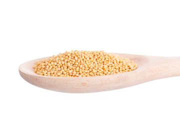 White mustard in a wooden spoon, it is isolated