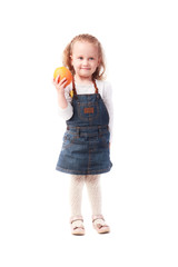 Pretty little girl holding an orange isolated on white