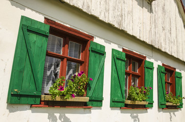 Fototapeta na wymiar Okna z zielonymi okiennicami i fioletowe kwiaty